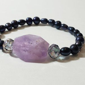 Genuine COBALT BLUE Freshwater Cultured Pearls & BIG Amethyst BRACELET
